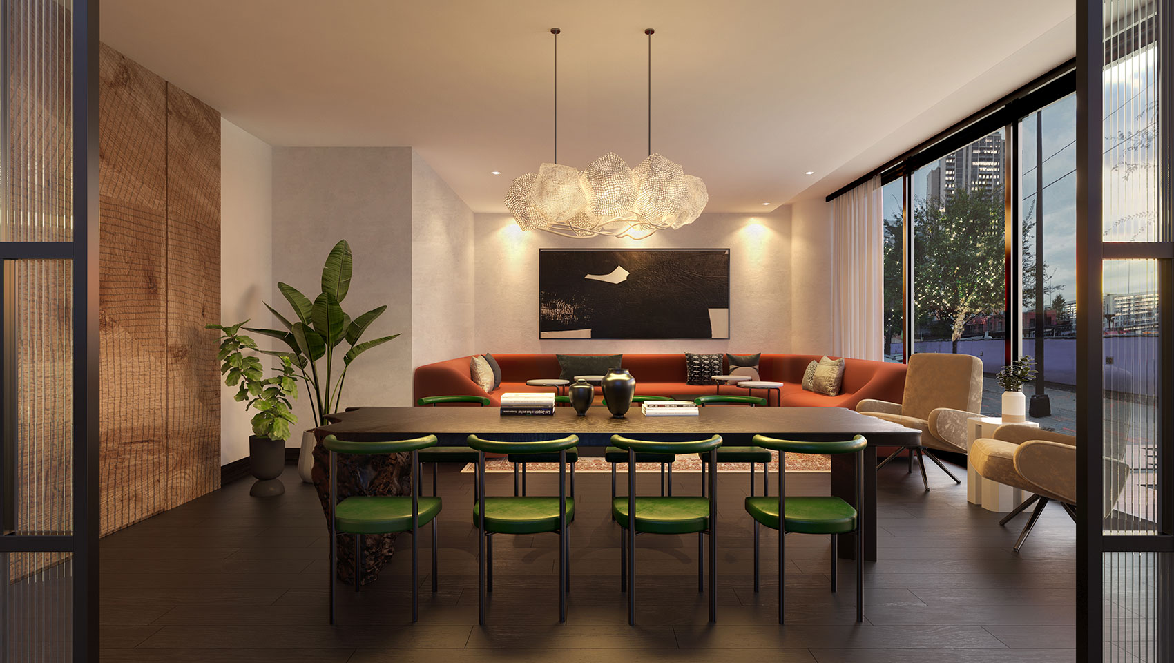 modern looking conference room with black table and green chairs