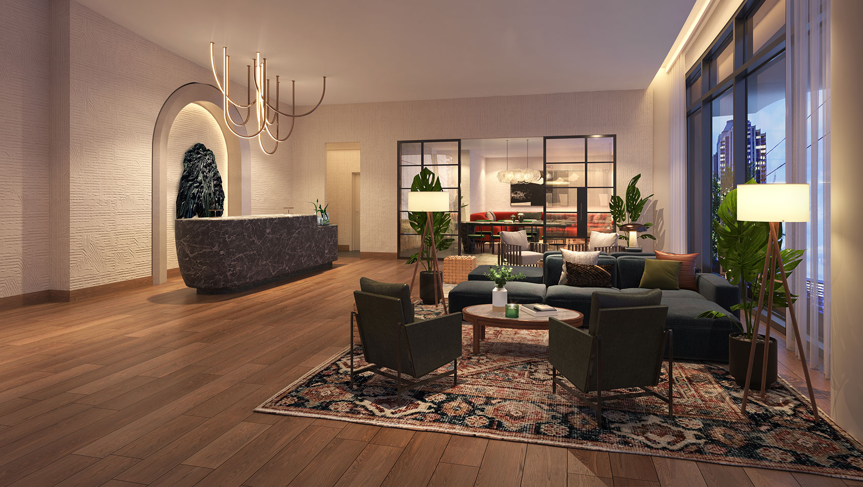 hotel lobby with blue couches and green accent chairs